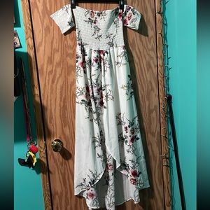 White floral high low off the shoulder dress